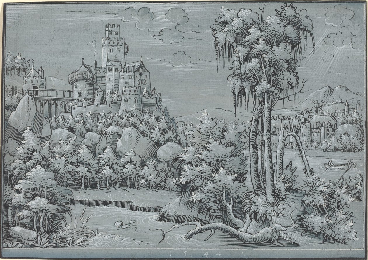 Landskap med et slott av German 16th Century