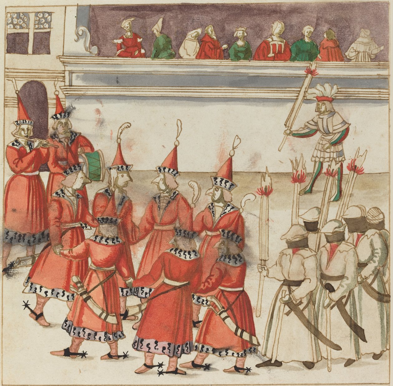 Syv menn i rødt samlet i en sirkel av German 16th Century