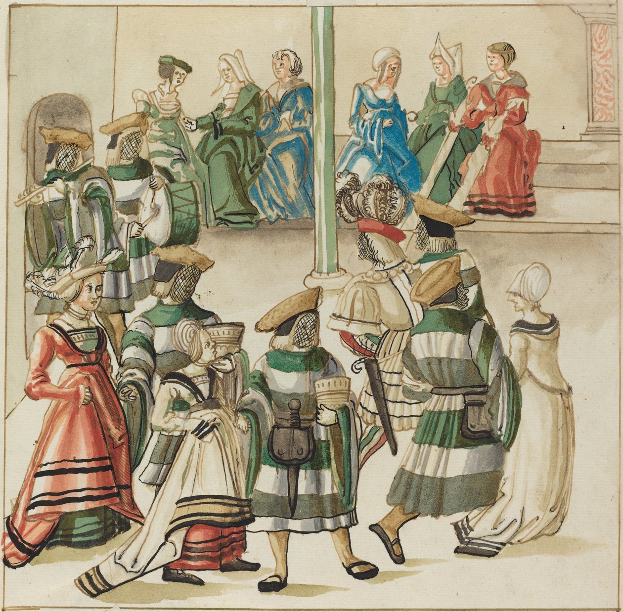 Tre dansende par ledet av to riddere i rom med kolonne av German 16th Century