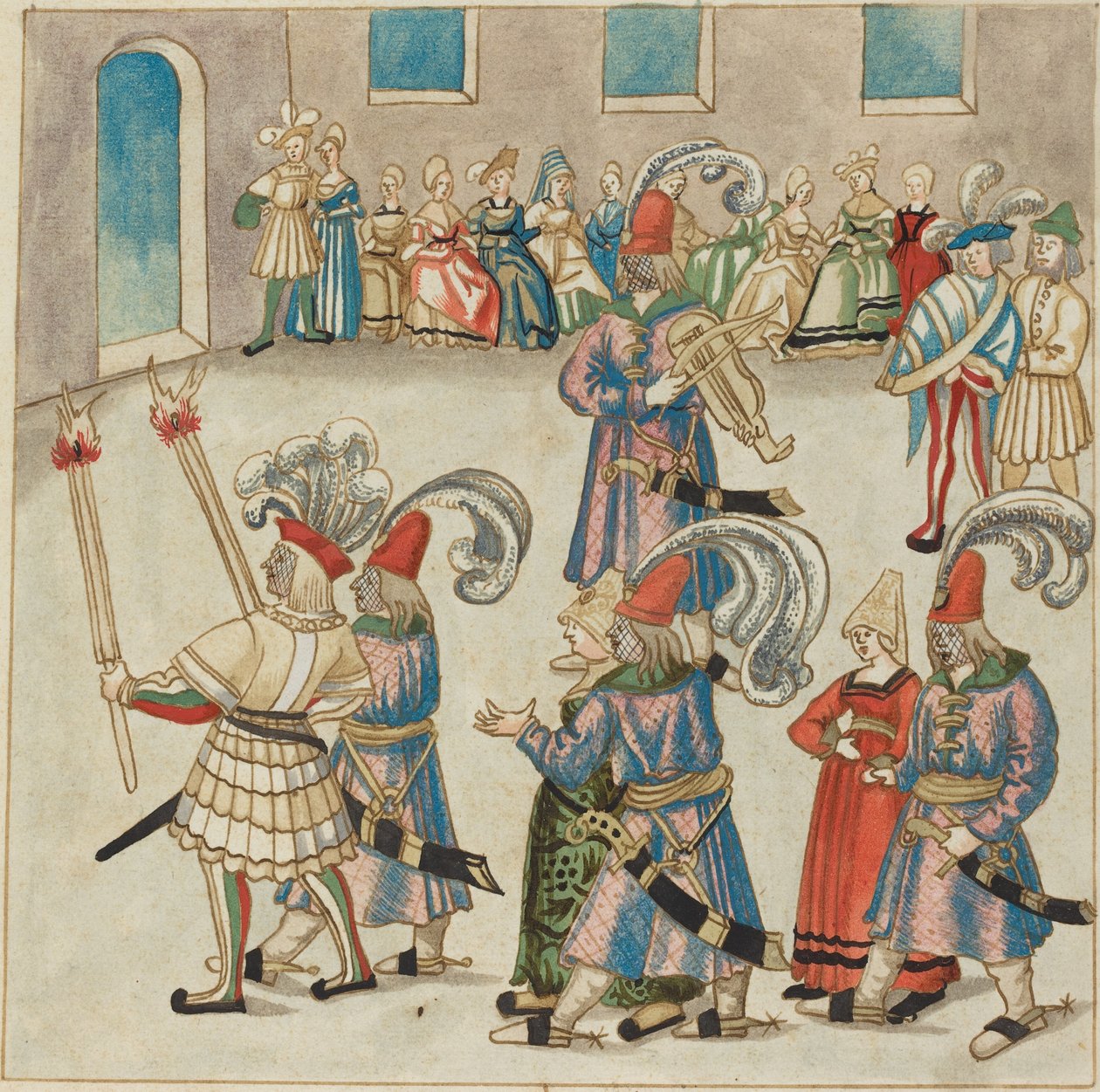 To dansende par ledet av fakkelbærende riddere av German 16th Century