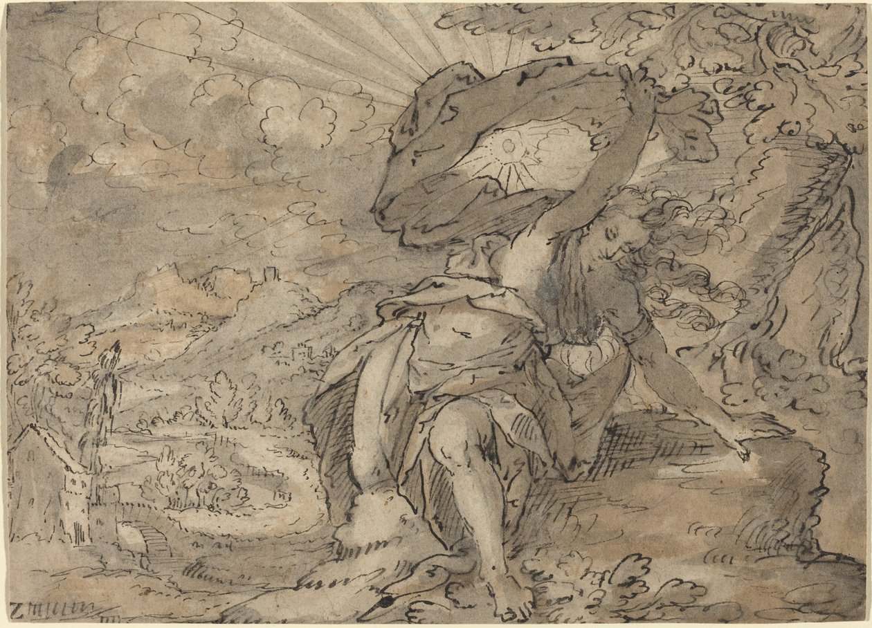 Allegorisk kvinneskikkelse i et landskap [recto] av German 17th Century