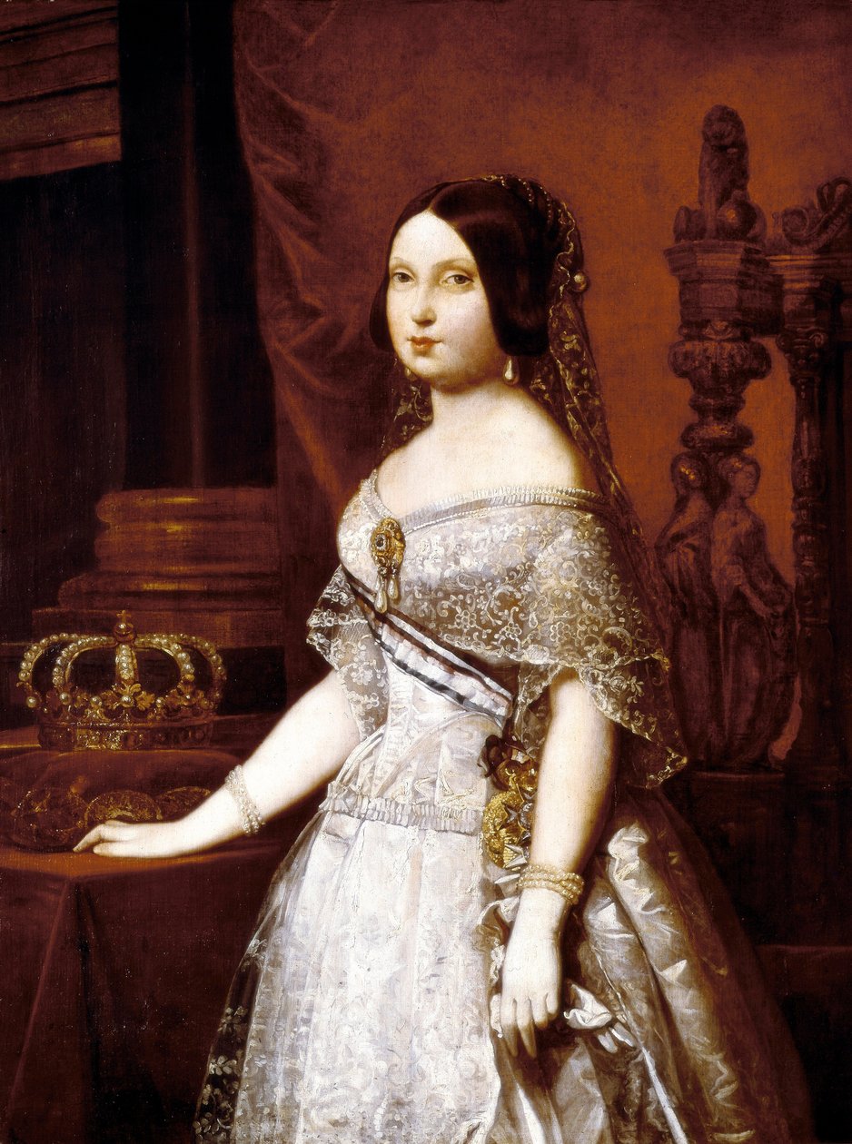 Portrett av dronningen av Spania, Isabella II av Spania (1830-1904), dronning av Spania. Maleri av tyske Hernandez Amores (1823-1894) av German Hernandez Amores