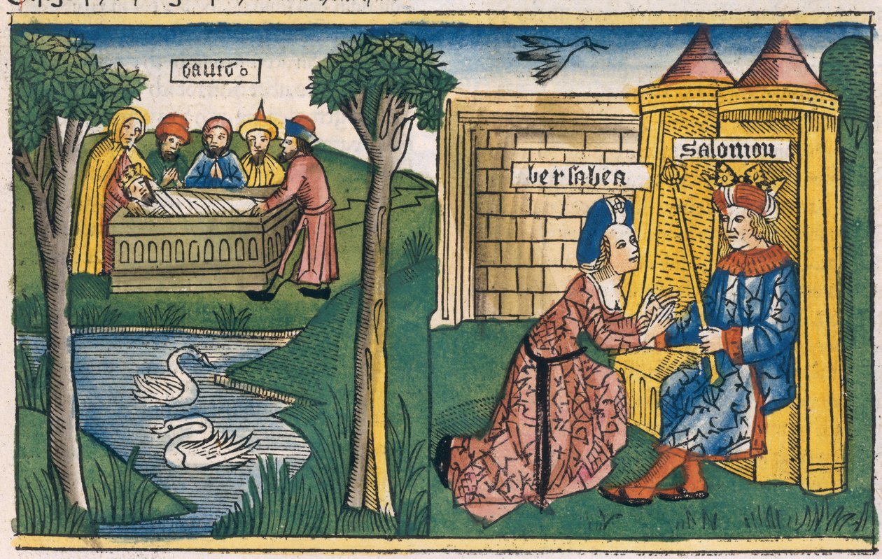 1 Kongebok 2 10-11 Davids død, og 2. Kongebok 19-25 Batseba ber Salomo om at Abishag skal gifte seg med Adonija, fra Nürnbergbibelen (Biblia Sacra Germanaica) (farget tresnitt) av German School