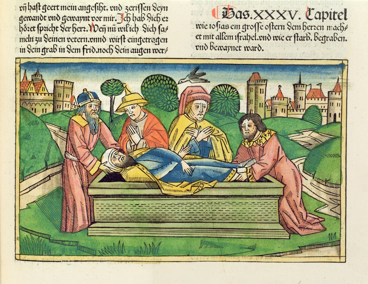 2. Krønikebok 35 24 Begravelse av Josiah, fra Nürnbergbibelen (Biblia Sacra Germanaica) (farget tresnitt) av German School