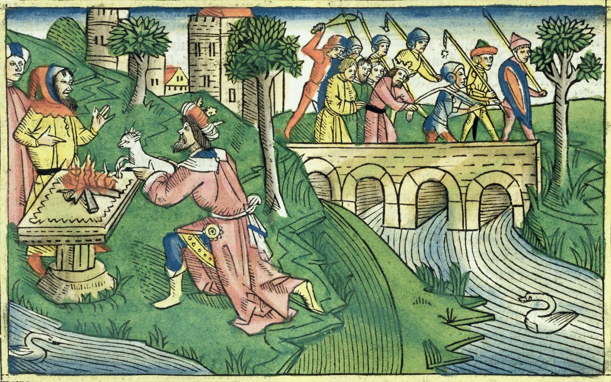 2. Kongebok 16 9-16 Folket i Damaskus blir tatt til fange, fra Nürnbergbibelen (Biblia Sacra Germanaica) (farget tresnitt) av German School