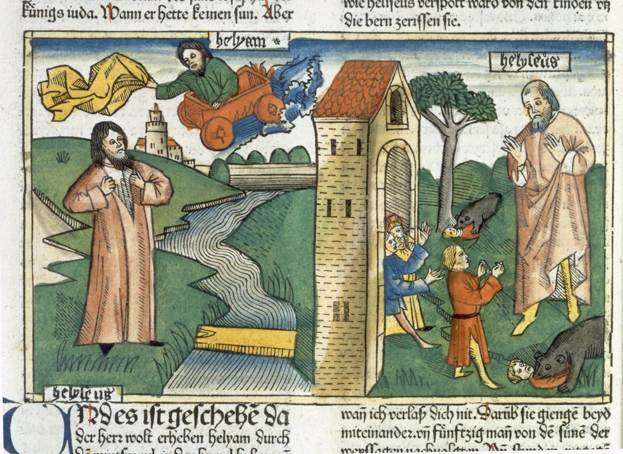 2 Kongebok 2 1-24 Elias stiger opp til himmelen i en virvelvind og guttene som hånet Elisa blir spist av bjørner, fra Nürnbergbibelen (Biblia Sacra Germanaica) (farget tresnitt) av German School