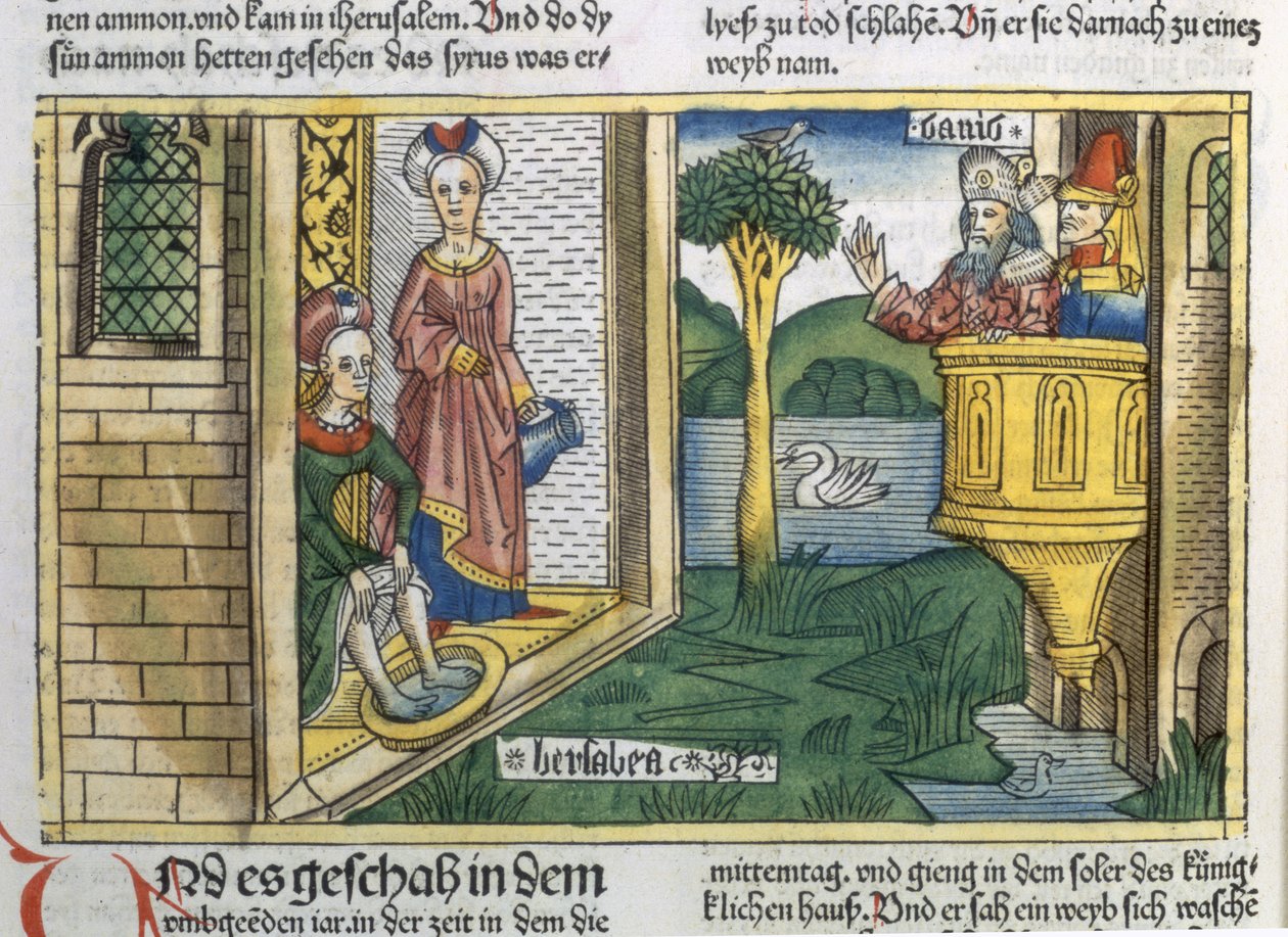 2 Samuel 11 1-5 David ser Batseba bade, fra Nürnbergbibelen (Biblia Sacra Germanaica) (farget tresnitt) av German School