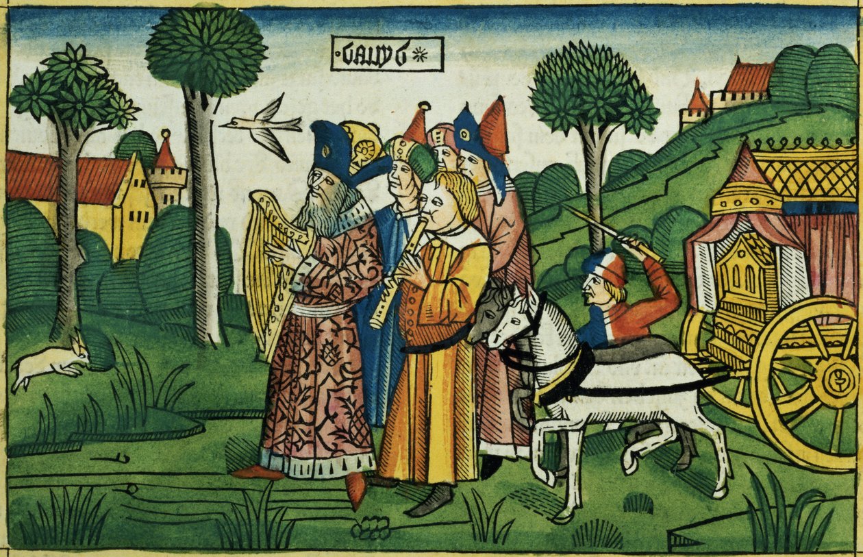 2 Samuel 6 1-5 David bringer arken til Jerusalem, fra Nürnbergbibelen (Biblia Sacra Germanaica) (farget tresnitt) av German School
