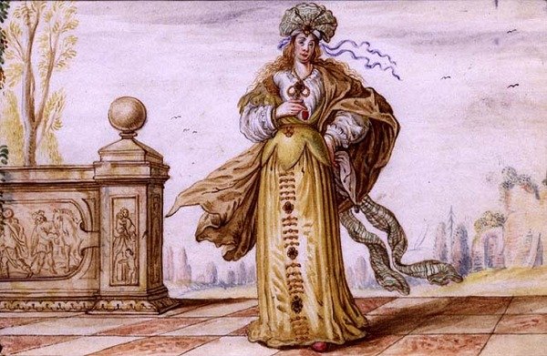 A Bejeweled Allegorical Woman on a Terrace, ca. 1640 (gouache på vellum) av German School
