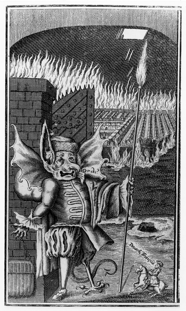 En djevel som vokter en by i flammer, ca. 1755 av German School