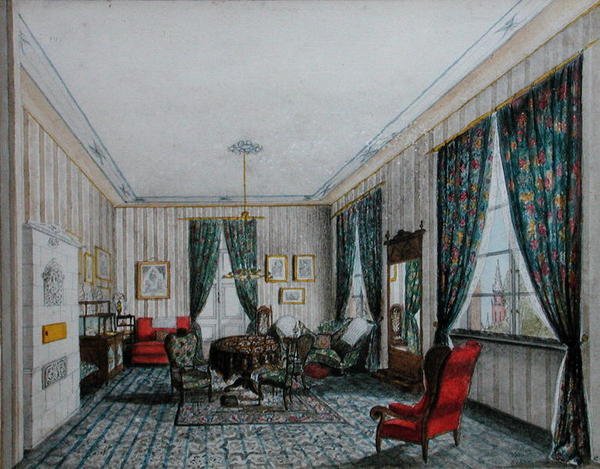 A Drawing Room Interiør, ca. 1855 (akvarell på papir) av German School