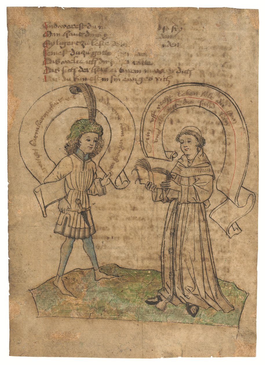 En fransiskanermunk og en ung mann, illustrasjon på et blad fra Das Spiegelbuch, på middelhøytysk, Øst-Schwaben, sannsynligvis Augsburg, ca. 1470-tallet (blekk på papir) av German School