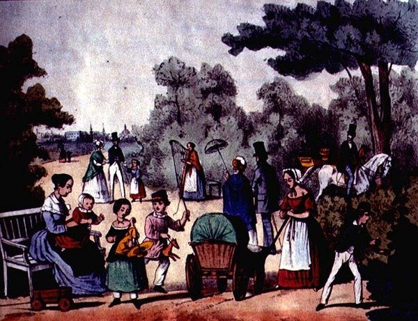 En tysk park om sommeren, ca. 1860 (fargegravering) av German School