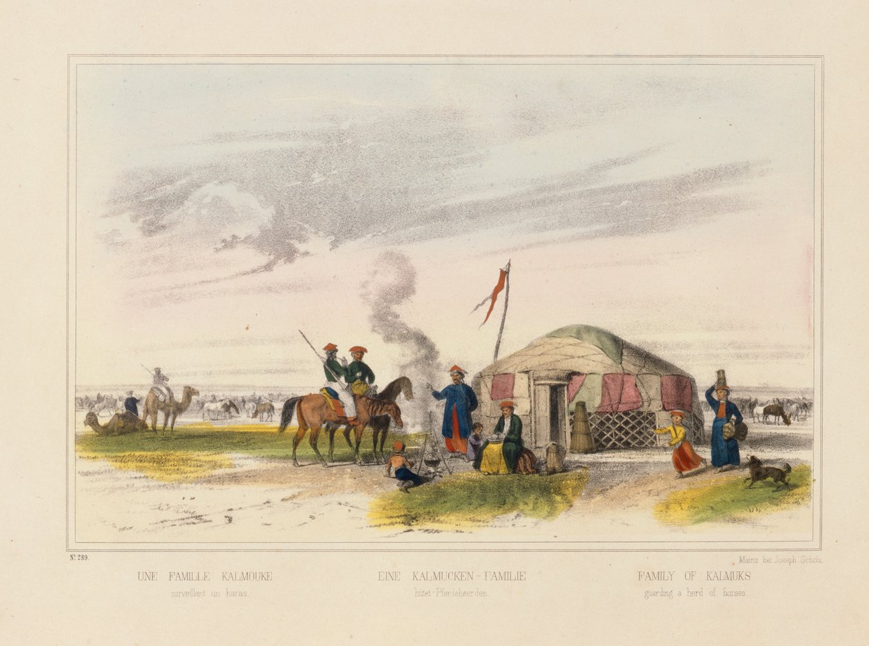 En Kalmyk (vest-mongolsk) familie som gjeter hester, billedlig broadsheet utgitt av Joseph Scholz, Mainz, ca. 1860 av German School