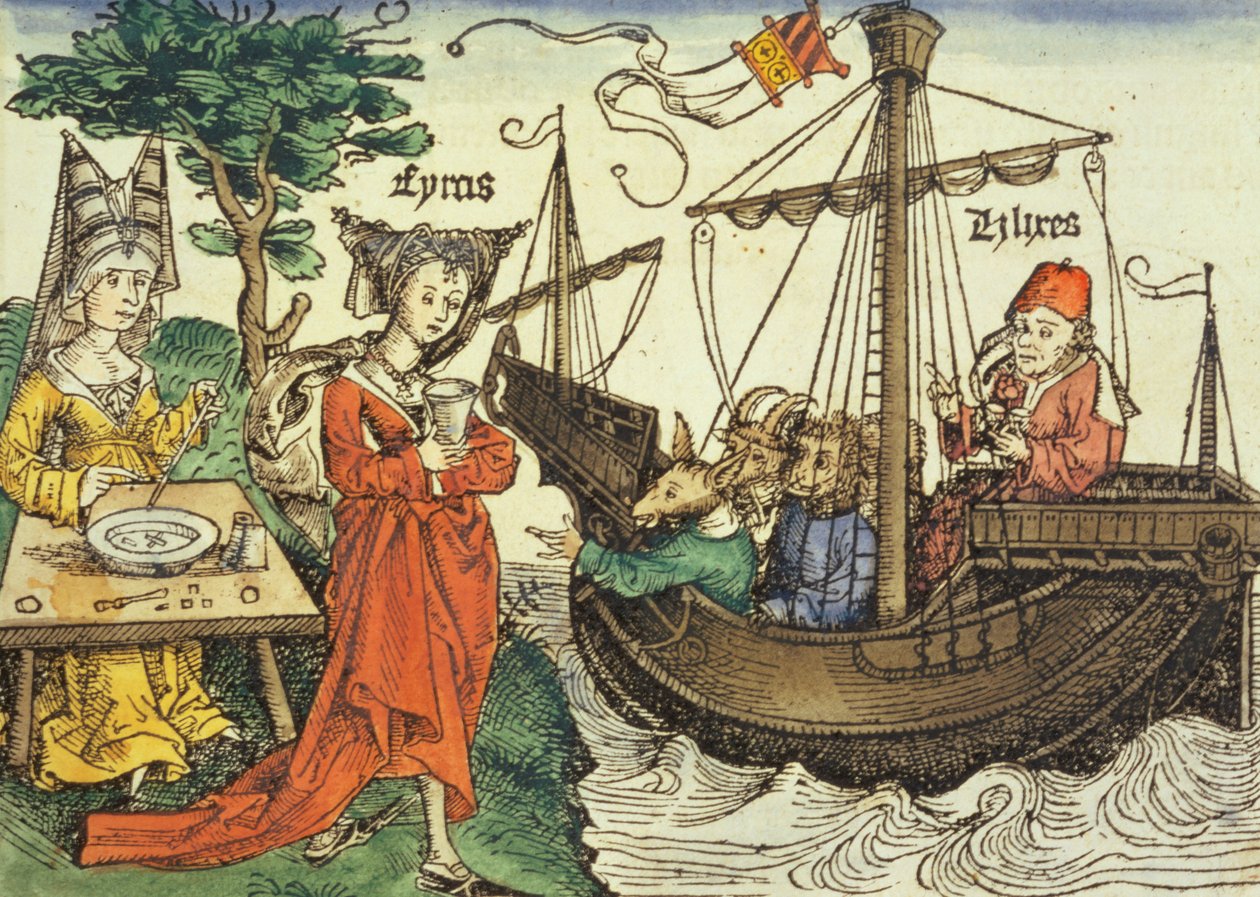 En trollkvinne, sannsynligvis Circe med giftbegeret og Odyssevs med sine ledsagere fra Nürnberg-krøniken av Hartmann Schedel (1440-1514) 1493 av German School