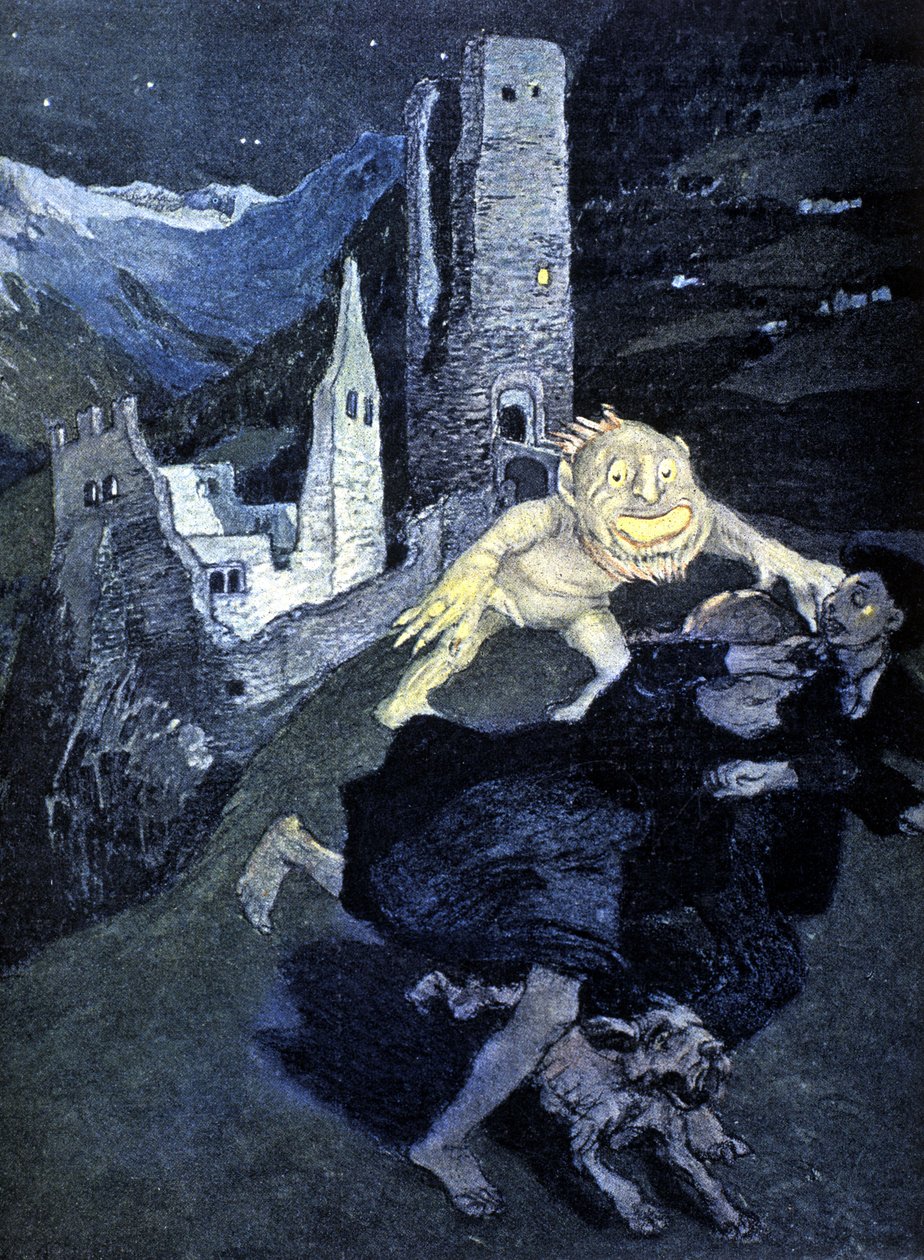 En trollkveld med moro, skremme forbipasserende (farge litho) av German School