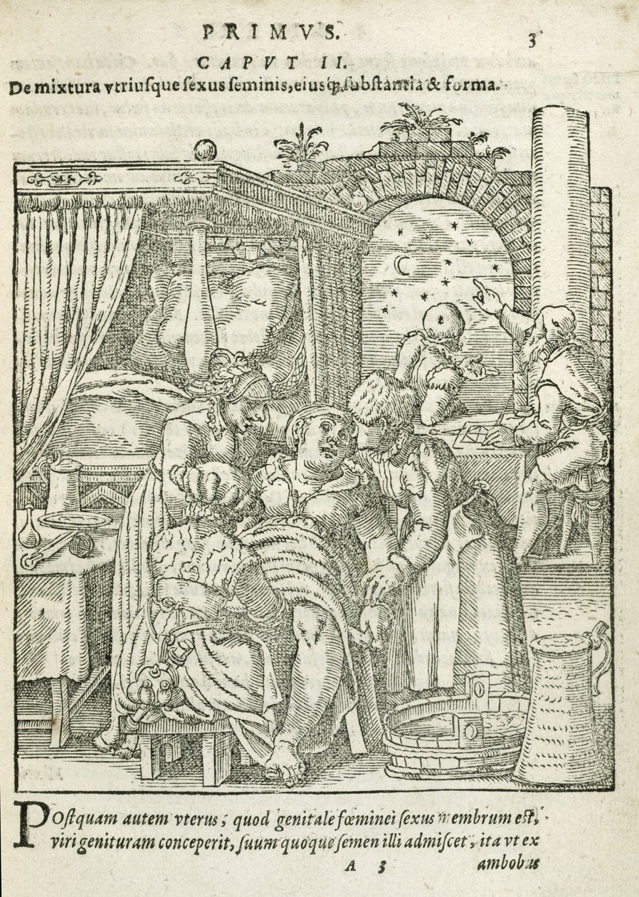 A Woman in Labour, illustrasjon fra kapittel 2, bok 1 av On the Conception and Growth of Man av Rueff, 1587 av German School