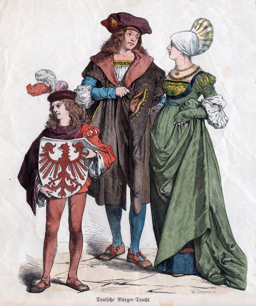 En borgerlig familie. Tyske kostymer fra det 16. århundre fra "Munchener Bilderbogen", Tyskland, ca. 1880 (gravering) av German School