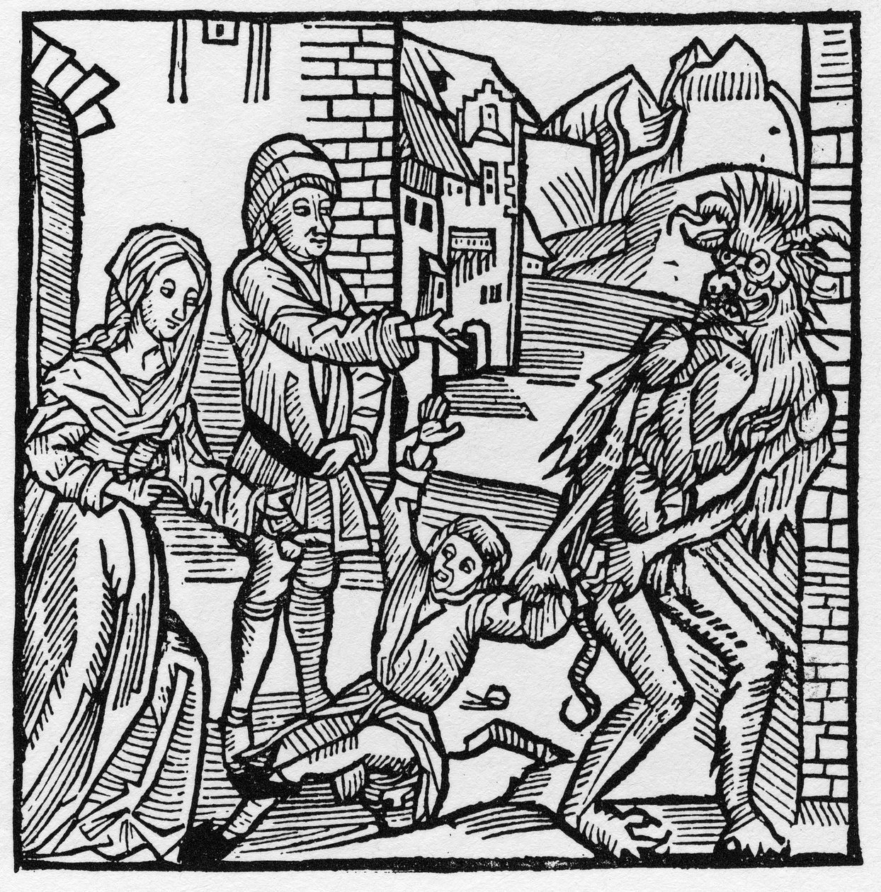 En djevel tar et barn foran øynene til foreldrene hans som hadde lovet ham ved pakt - I "Der Ritter von Turn"" av Knight Marquard vom Stein av German School