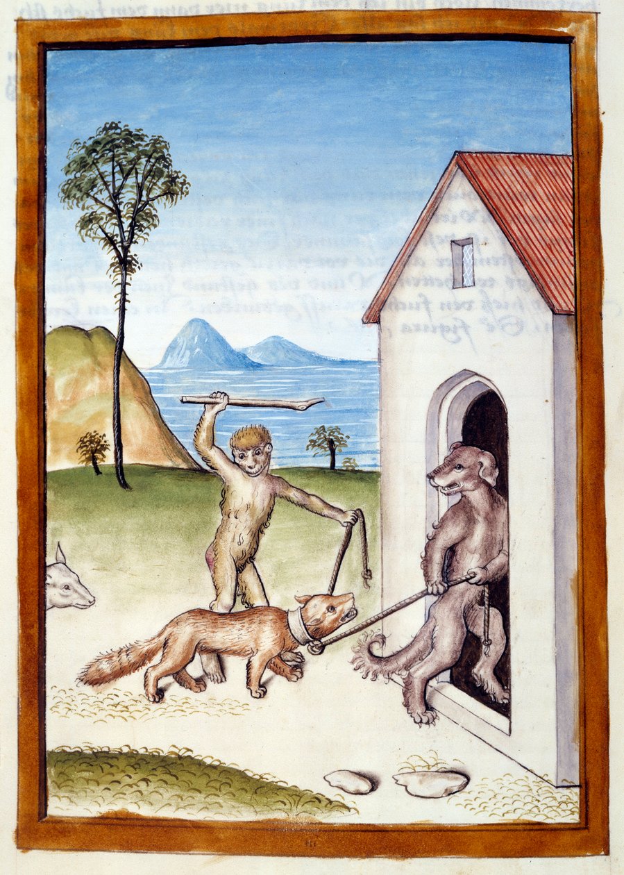 En hund og en ape tyranniserer en wesel. Dyr avbildet i mannlig holdning. Miniatyr hentet fra en tysk oversettelse av fablene om "" Kalila (Calila) og Dimna" av Bidpai. Chantilly fra 1400-tallet, Musee Conde av German School