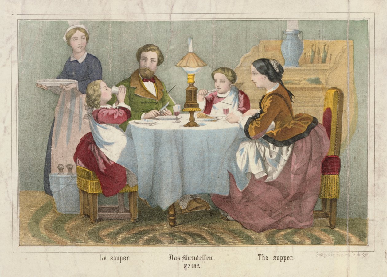 En familie på kveldsmåltidet sitt, billedlig broadsheet utgitt av Haider & Cronberger, Stuttgart, 1860 av German School