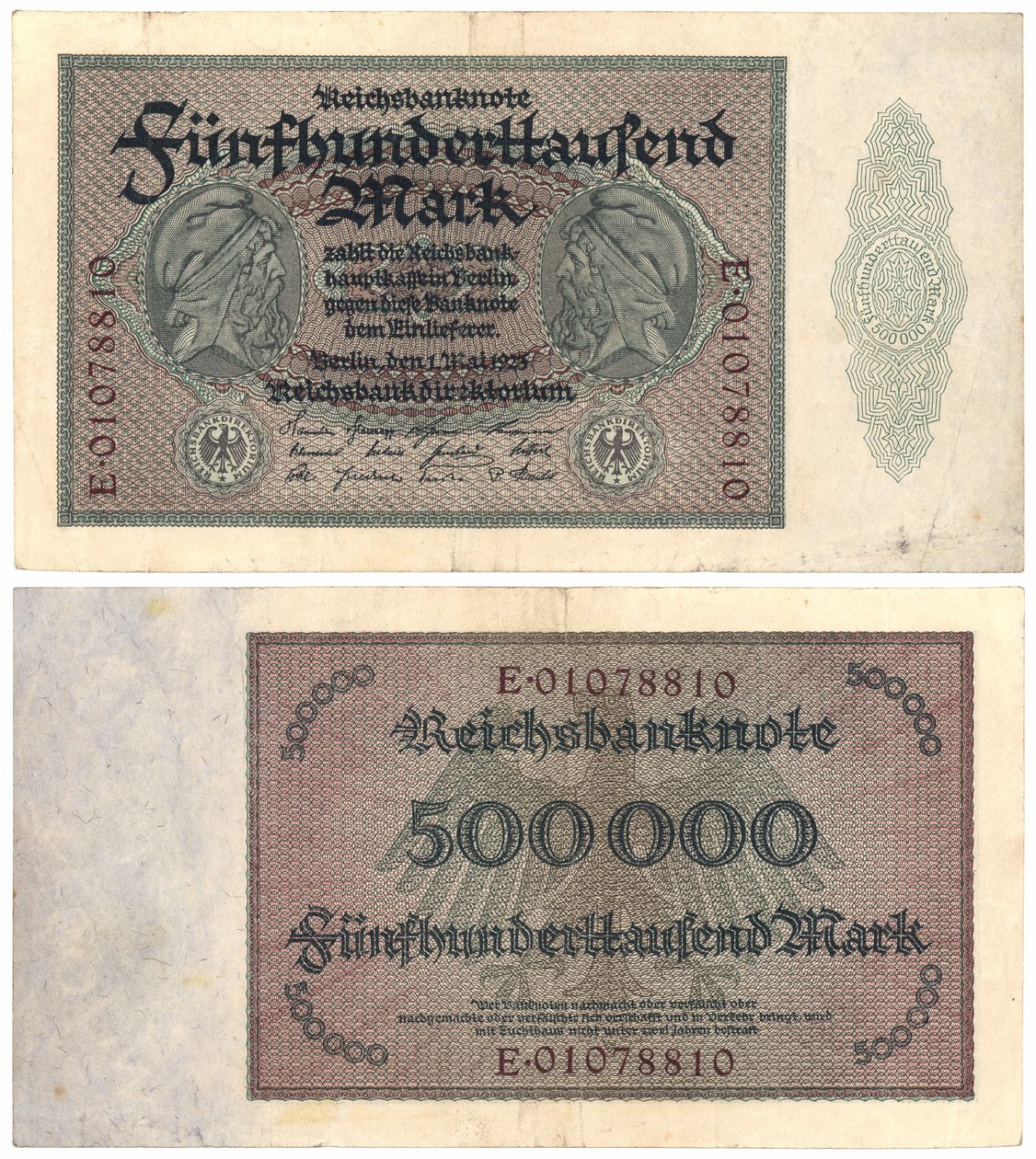 En fem hundre tusen markseddel, 1923 (recto og verso) av German School