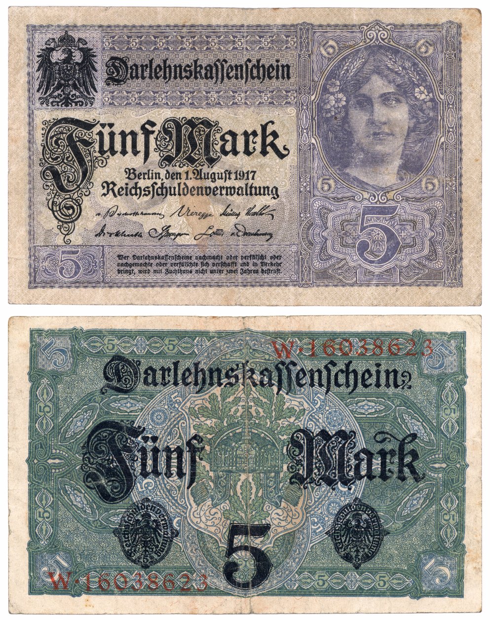 En fem marks seddel, 1917 (recto og verso) av German School
