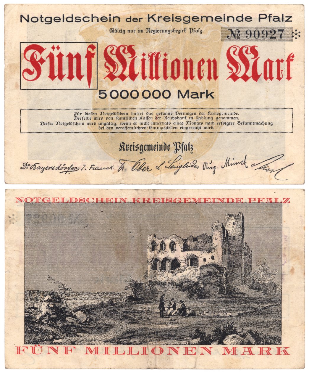 En seddel på fem millioner mark, ca. 1923 (recto og verso) av German School