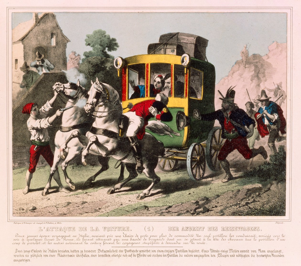 Et par på bryllupsreise blir angrepet av landeveismenn i Italia, billedark utgitt av Gangel & P. Didion, Metz, ca. 1850 av German School
