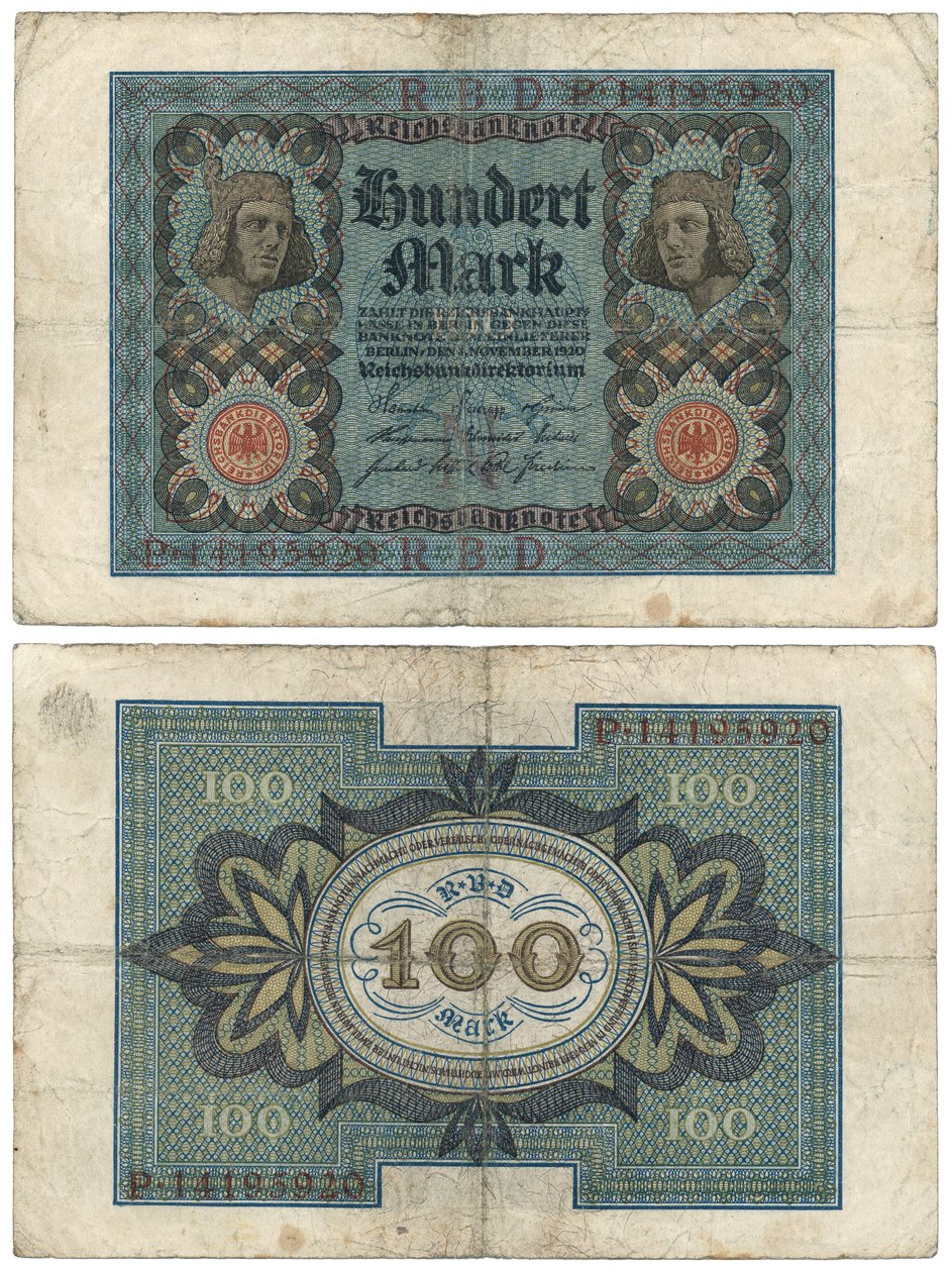 Hundremarksseddel, 1920 (recto og verso) av German School