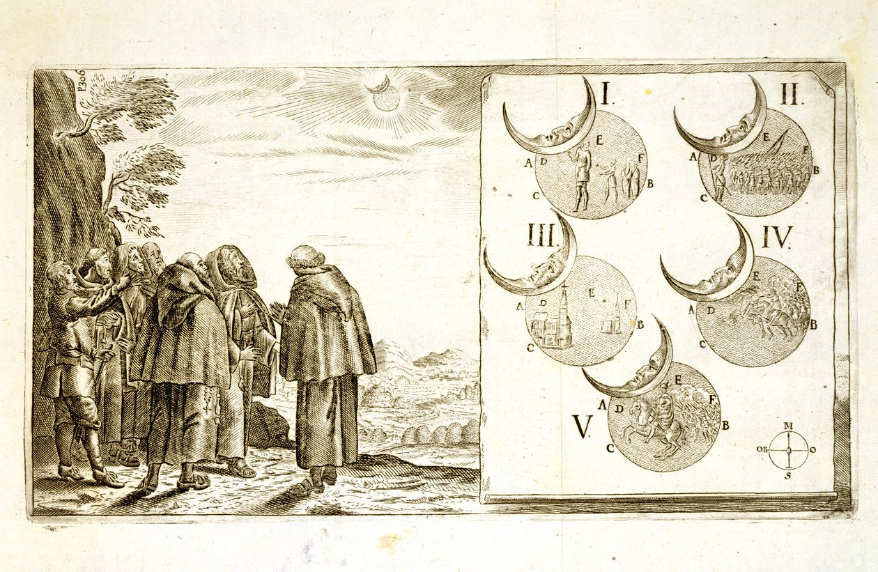 Et militært angrep plottet i samsvar med fasene av en formørkelse, illustrasjon fra en bok om de osmanske kampanjene i Europa, gravert av Paul Furst (ca. 1605-66) av German School