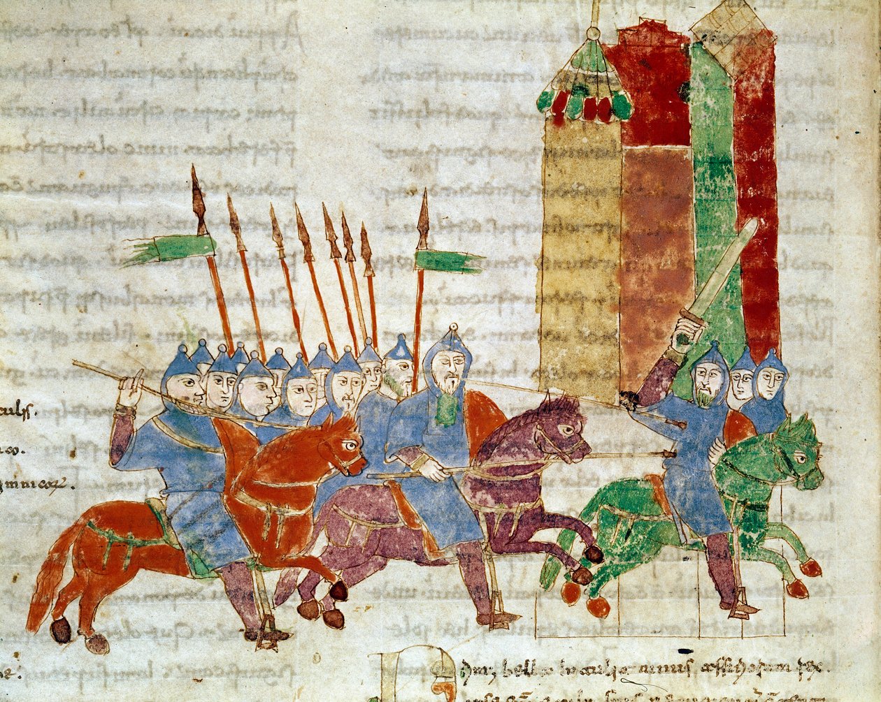 En miniatyrrytter fra manuskriptet "De Universo" (eller De rerum naturis (De la Nature des choses)) (cod. 132) av Rabanus Maurus Magnentius (eller Raban Maur eller Rabano Mauro) (ca. 780-856). 9. århundre. Arkiv for Monte Cassino Abbey (Mount Cassin) av German School