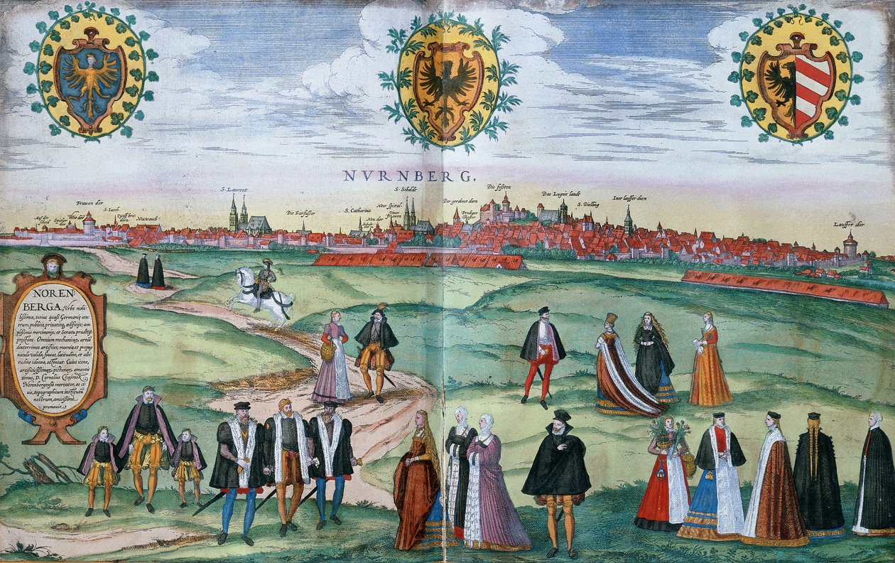 En panoramautsikt over Nürnberg, med figurer i lokal drakt i forgrunnen, ca. 1575 av German School