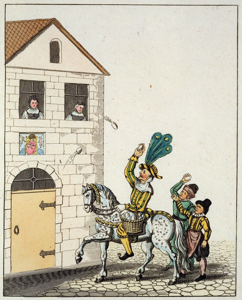 En runddans på hovedtorget, fra Old Nurembergs Customs and Jester on a Piebald Horse Throwing Eggs, fra Old Nurembergs Customs and Practices in Games and Songs, gjenutgitt 1831 (farge av German School