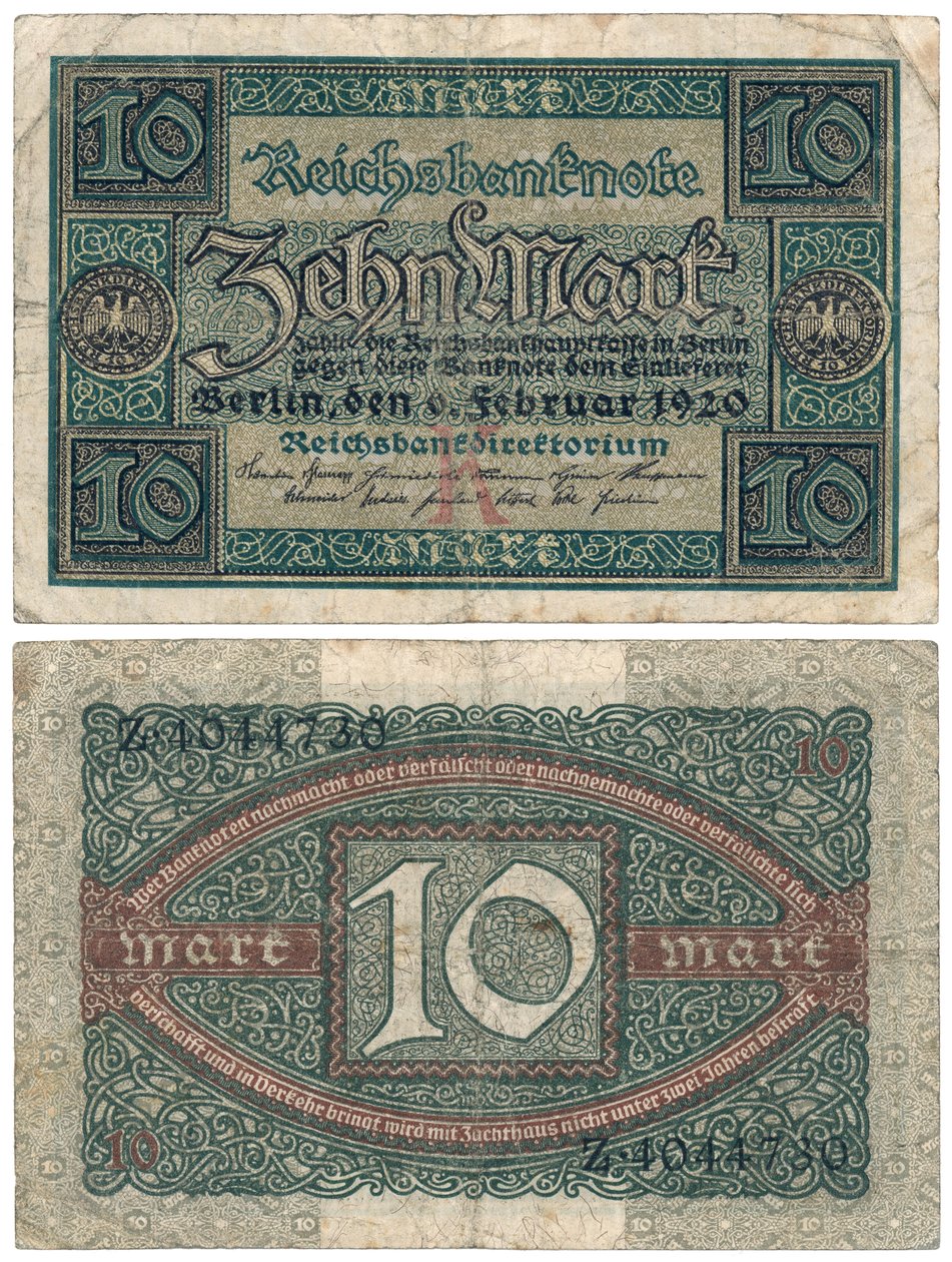 En ti marks seddel, 1920 (recto og verso) av German School