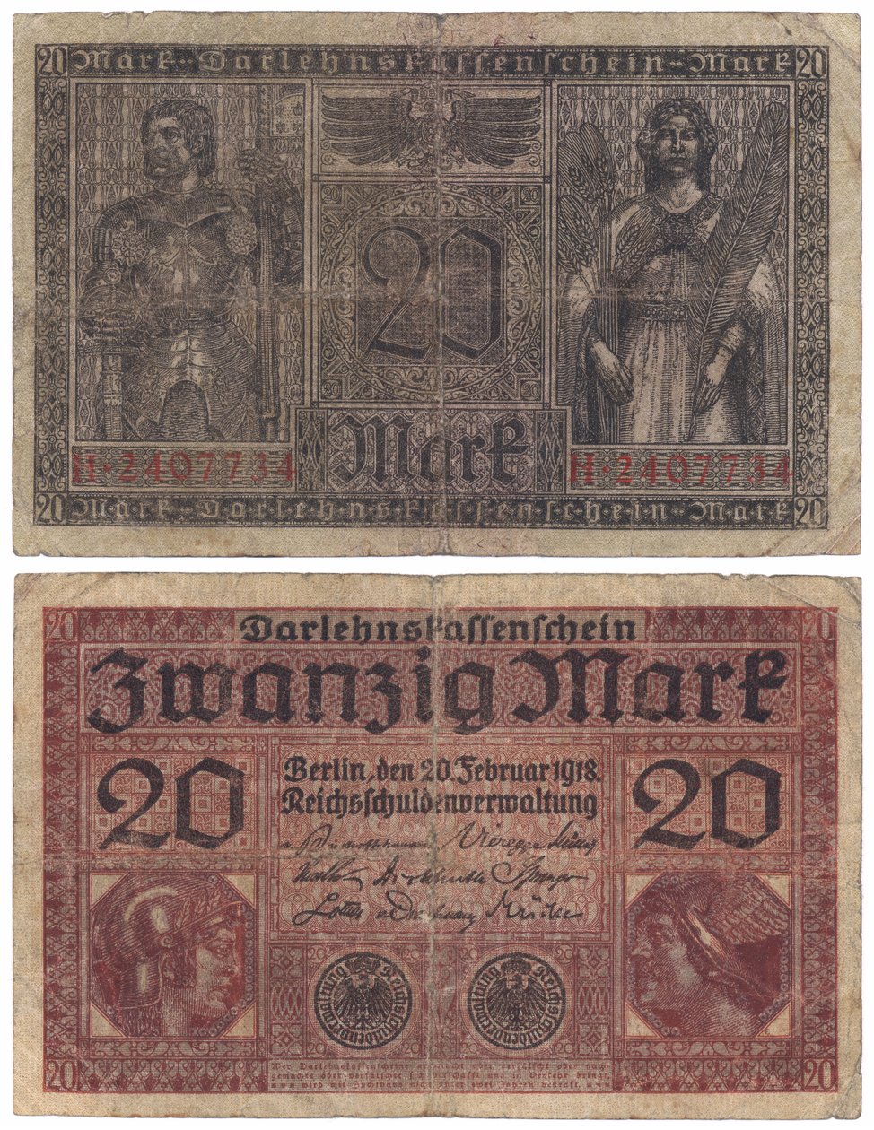 En tjue marks seddel, 1918 (recto og verso) av German School