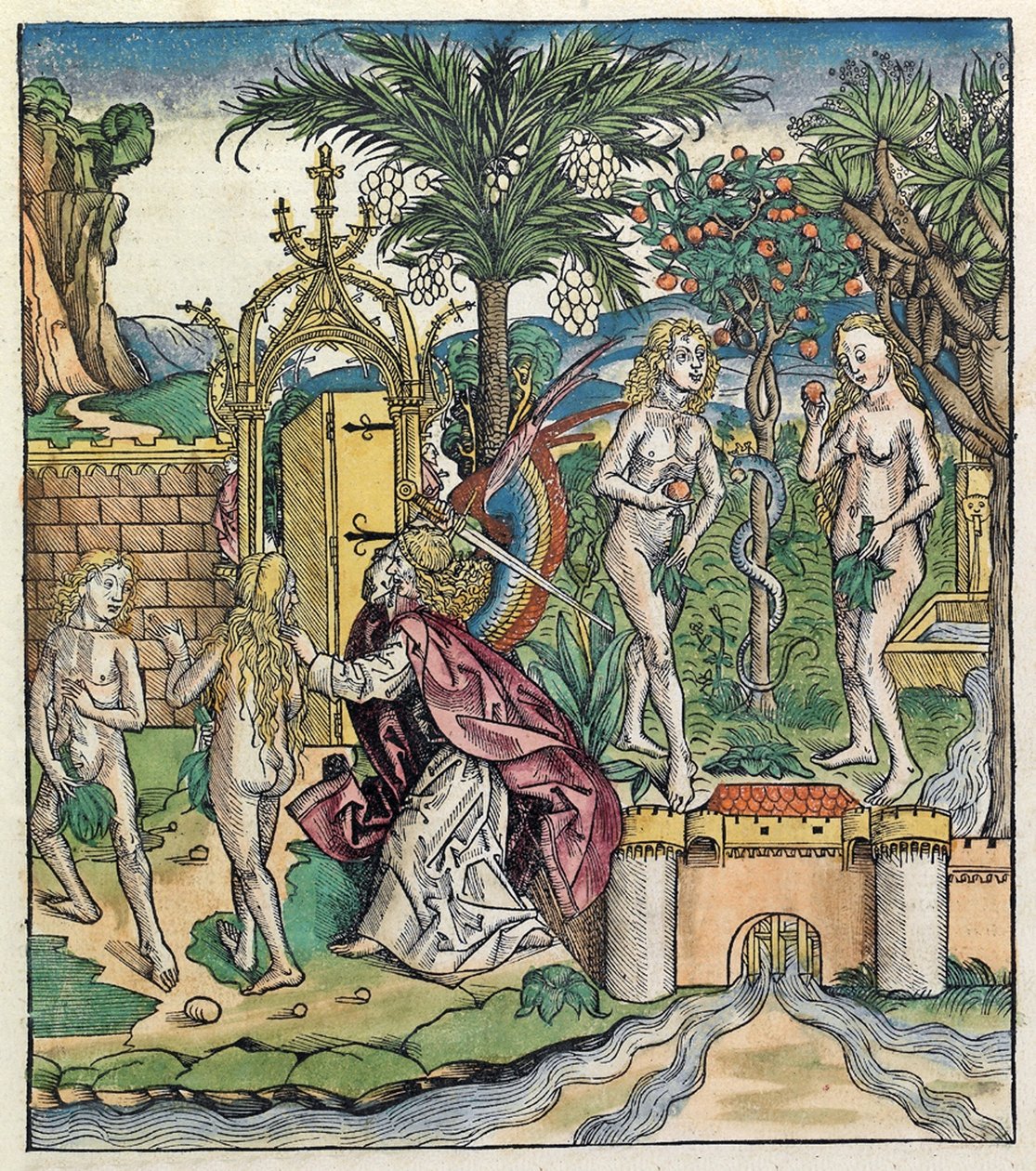 Adam og Eva blir forvist fra Eden, publisert i Nuremberg Chronicle, 1493 av German School