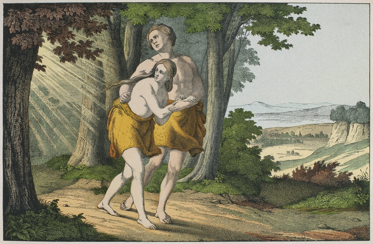 Adam og Eva utvist fra paradis, illustrasjon fra LAncien Testament, utgitt av Jakob Ferdinand Schreiber, Esslingen (fargegravering) av German School