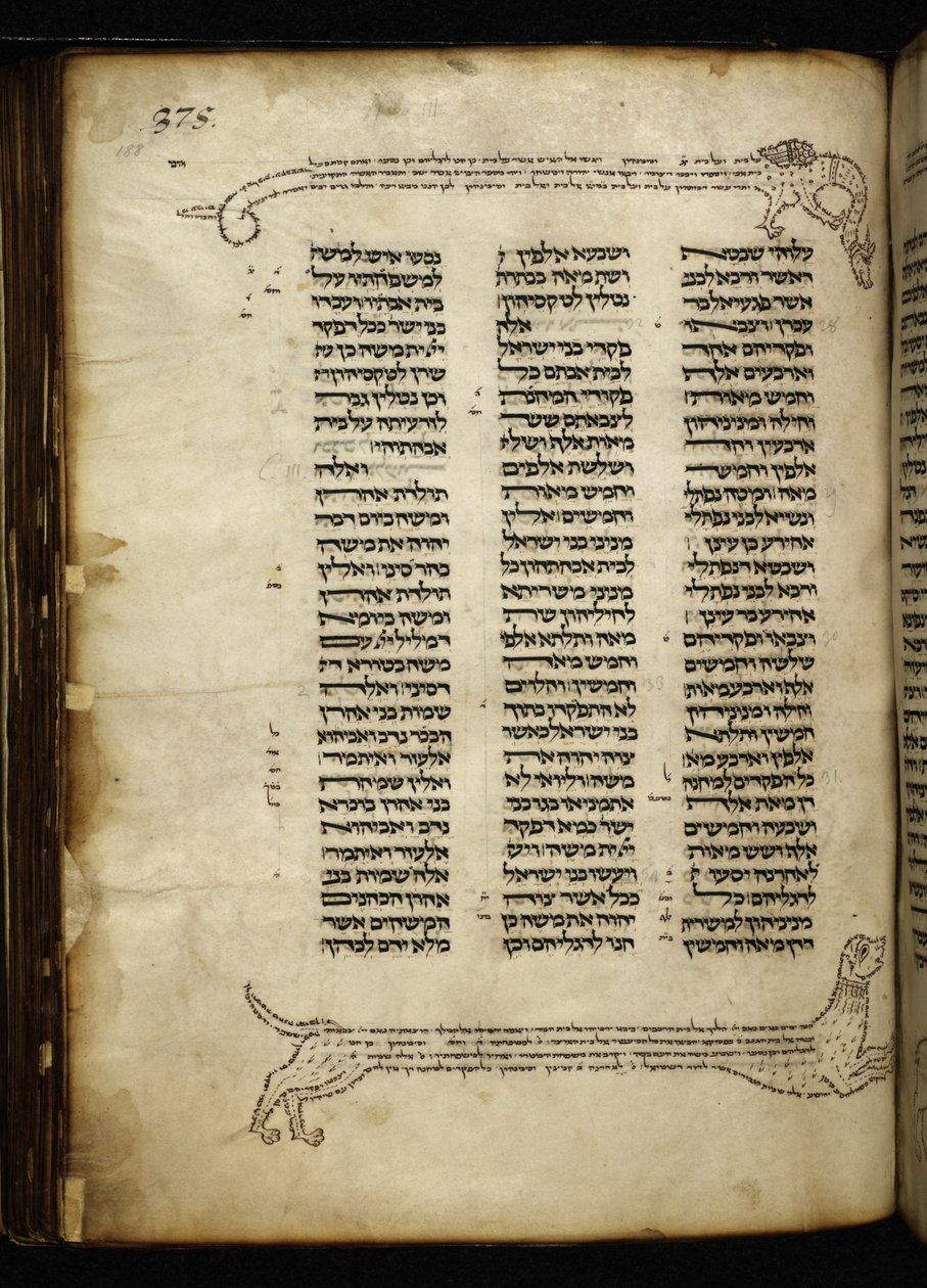 Legge til. 21160, f.188, Mikrografi av to hunder som jager et rådyr, tre med fugler og en drage, ved Nummer (kap. 2-3). av German School