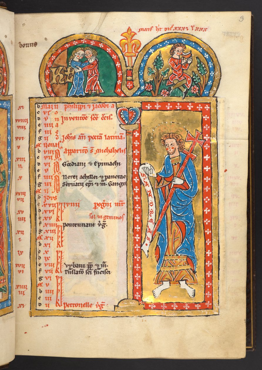 Legge til. 60629, f.3. mai, fra 12 kalendersider i gull og farger, med arkitektoniske rammer som hver inneholder et stjernetegn, en apostel og månedens arbeid (vellum) av German School