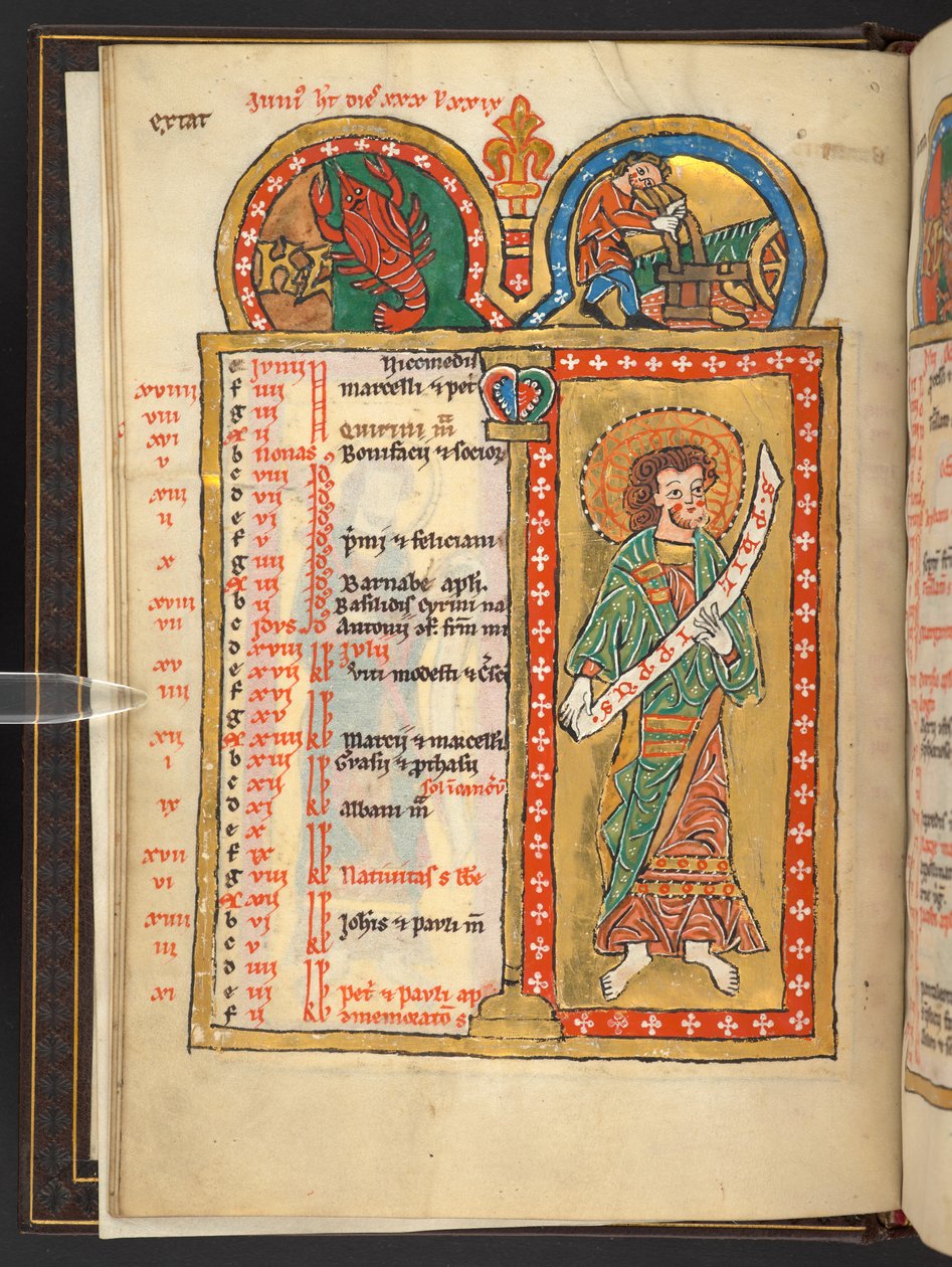 Legge til. 60629, f.3v juni, fra 12 kalendersider i gull og farger, med arkitektoniske rammer som hver inneholder et tegn på dyrekretsen, en apostel og månedens arbeid (vellum) av German School