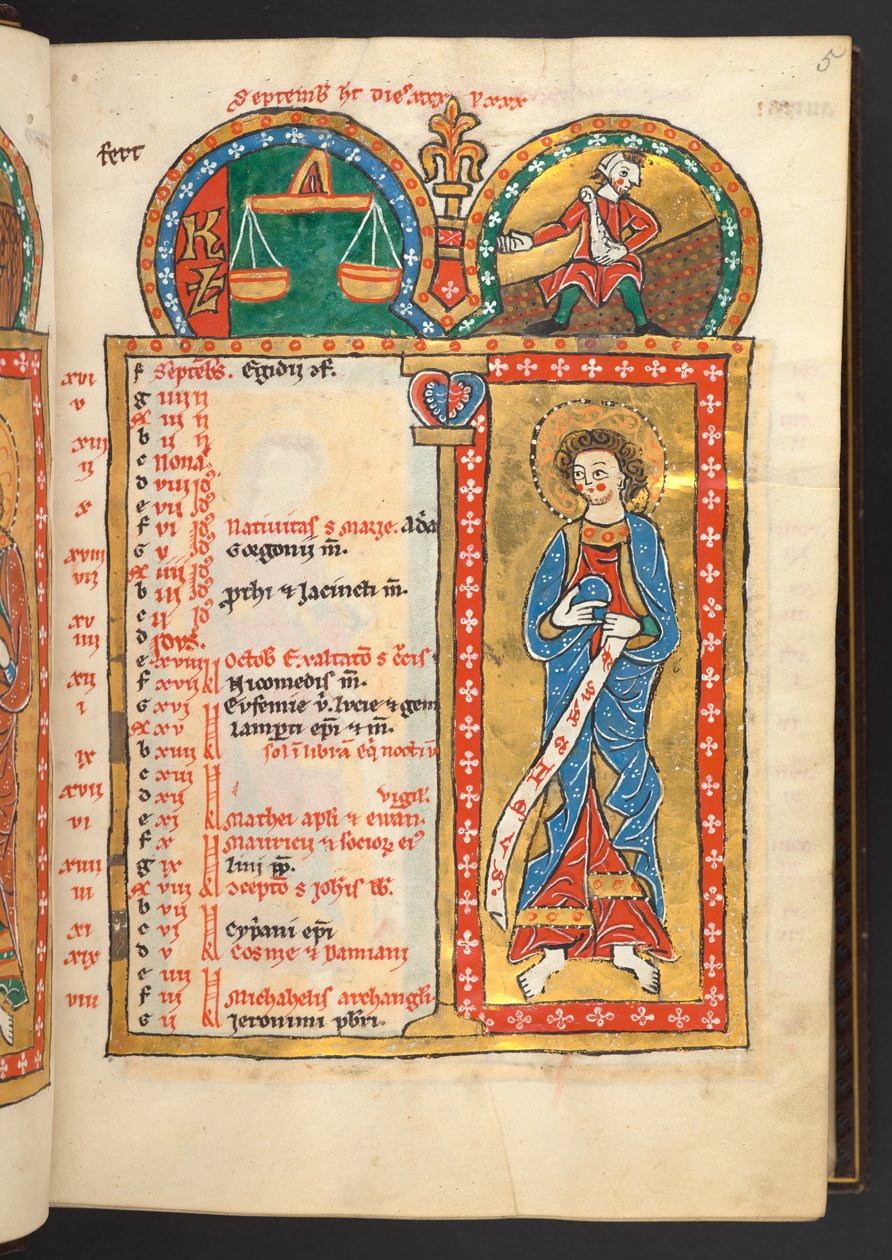 Legge til. 60629, f.5 september. 12 kalendersider i gull og farger, med arkitektoniske rammer som hver inneholder et stjernetegn, en apostel og månedens arbeid. Psalter. Opplyst salter med kalender, canticles og litanier for bruk av nu av German School