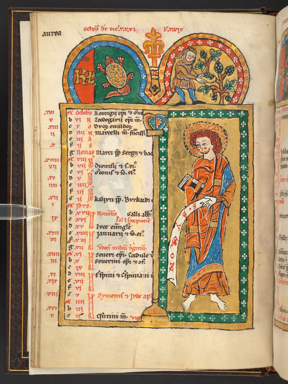 Legge til. 60629, f.5v Oktober. 12 kalendersider i gull og farger, med arkitektoniske rammer som hver inneholder et stjernetegn, en apostel og månedens arbeid.  Psalter. Opplyst salter med kalender, canticles og litanier til bruk for nonne av German School