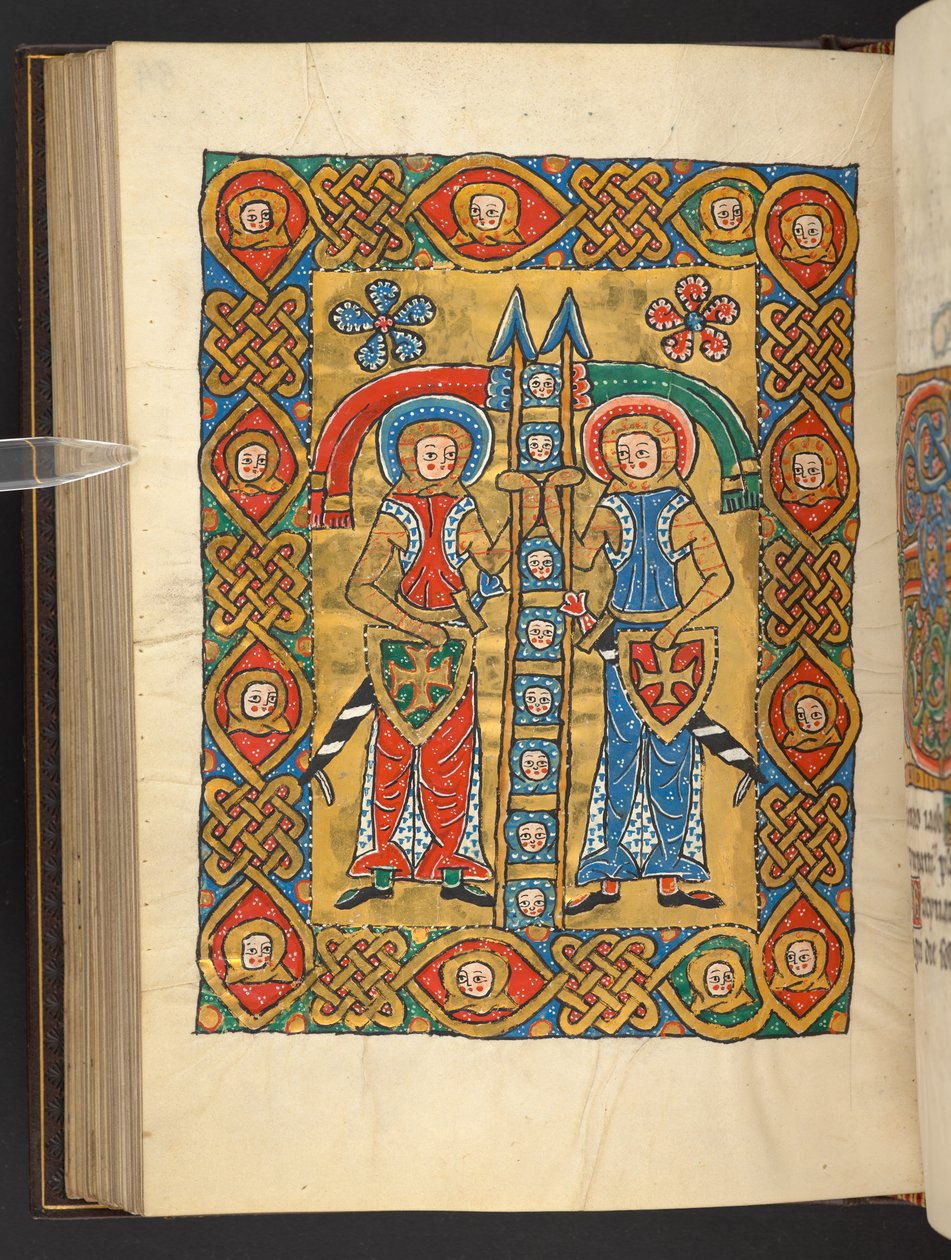 Legge til. 60629, f.84v To militære helgener, med andres hoder (vellum) av German School