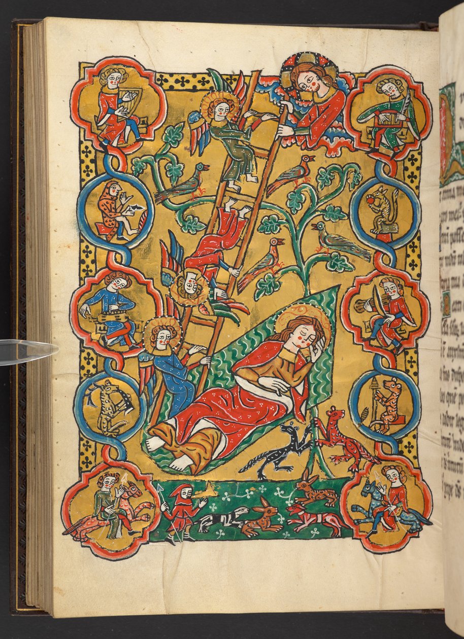 Legge til. 60629, f.87v Jakobs stige, med livets tre og musikere, dyr, en mann som varmer føttene, og en jaktscene (vellum) av German School