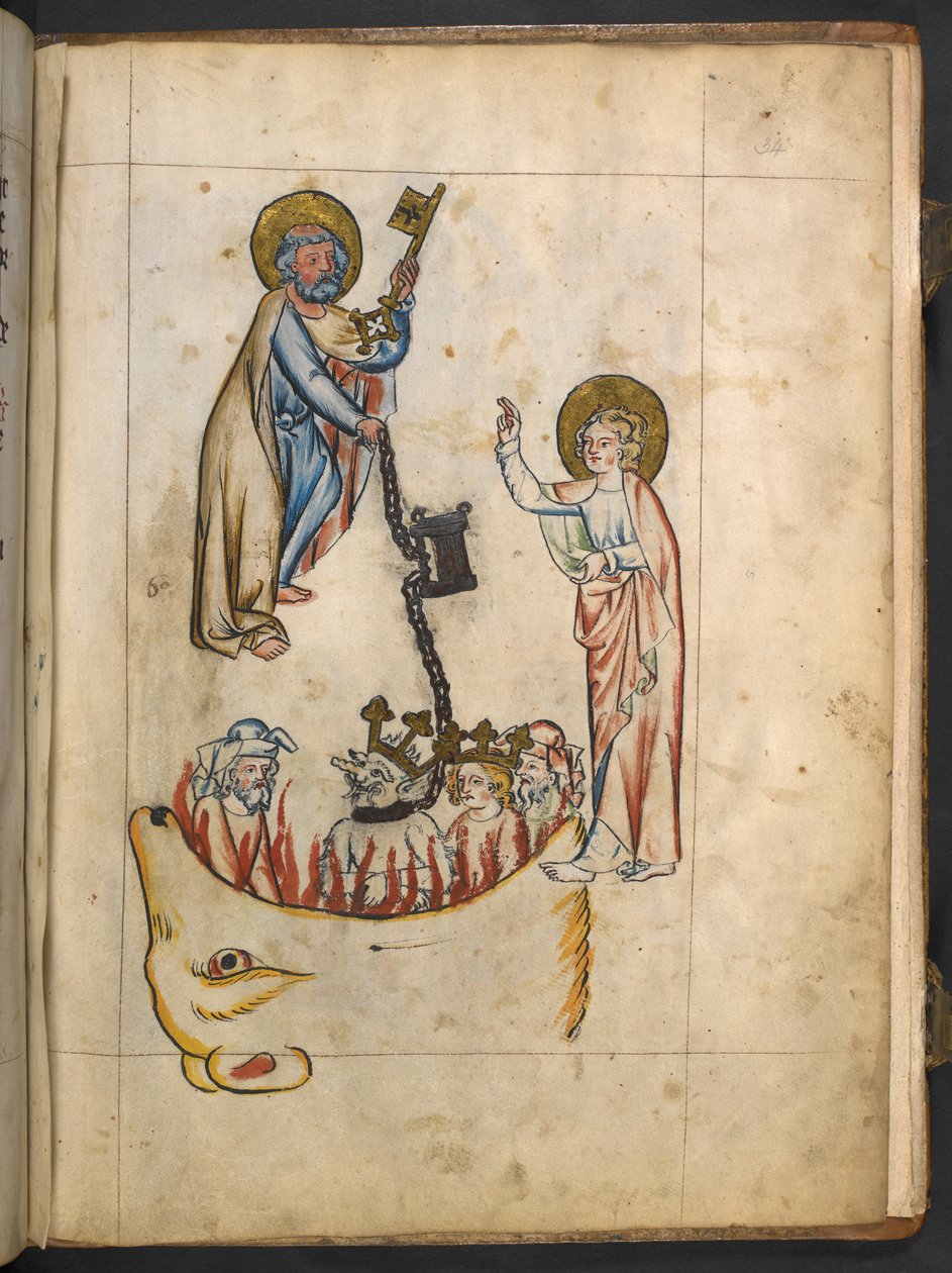 Legg til MS 15243 f.34r Angel som holder nøkkelen til en bunnløs grop, illustrasjon fra 