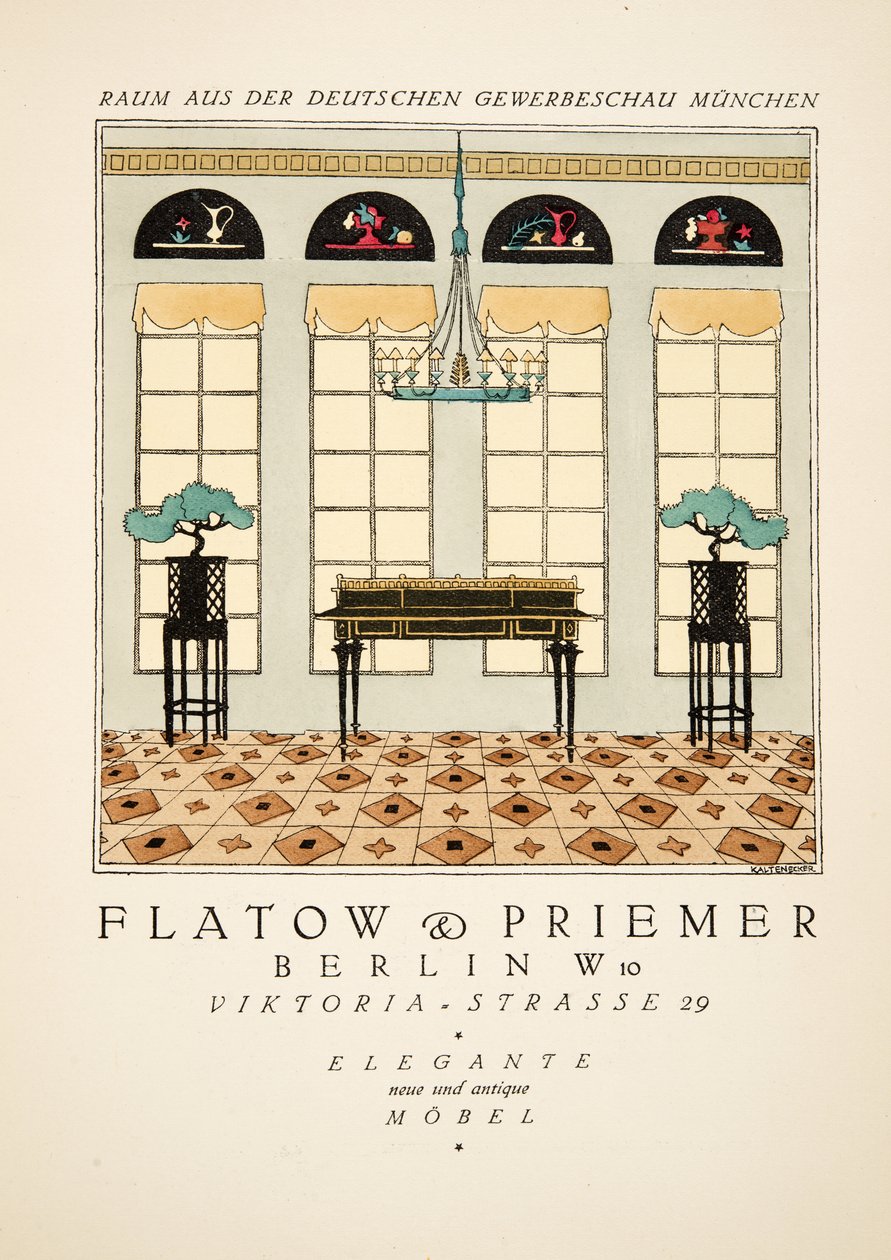 Annonse for "Flatow & Priemer", fra Styl, pub.1922 (pochoir-trykk) av German School