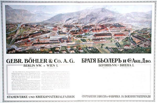 Annonse for stålverket og våpenfabrikken til det østerrikske selskapet Gebr.Boehler & Co, fra en bulgarsk almanakk, ca. 1916 (farge litho) av German School