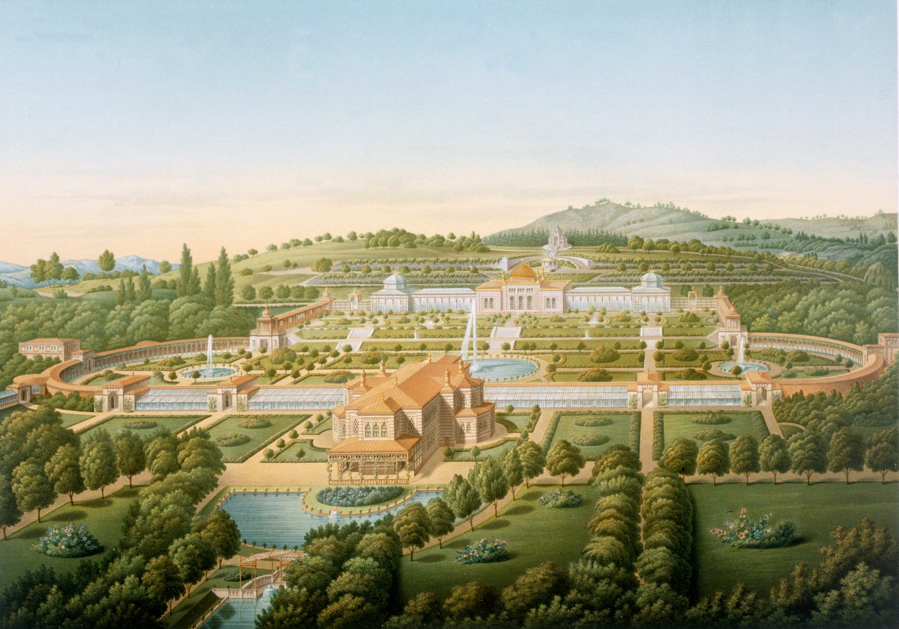 Luftfoto av villaen til kong Guillaume av Wurtemberg, publisert 1860 av German School