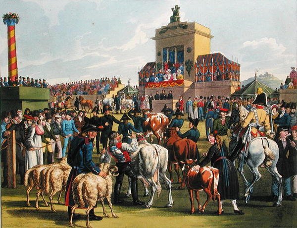 Landbruksutstilling i Cannstatt, Württemberg, ca. 1820 (fargegravering) av German School